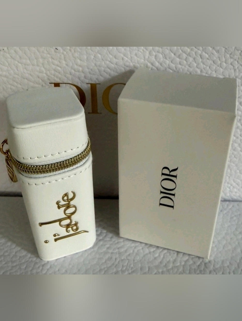 Dior J'adore White Leather Lipstick Case with Gold Accents